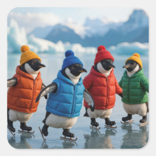 Pinguïns schaatsen op een Arctisch meer Vierkante Sticker