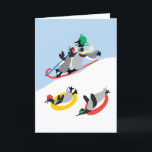 Pinguïns Sledding Aangepaste Kaart<br><div class="desc">Gewoon gewoon leuk! Een besneeuwd afbeelding van pinguïns sleeën. Het is schattig! Het originele ontwerp van kunstenaar,  dagdart is zo erg grillig en vrolijk. De kaart kan worden aangepast. Je kunt de binnenste begroeting veranderen naar wat je maar wilt.</div>