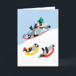 Pinguïns Sledding Aangepaste Kaart<br><div class="desc">Gewoon gewoon leuk! Een besneeuwd afbeelding van pinguïns sleeën. Het is schattig! Het originele ontwerp van kunstenaar,  dagdart is zo erg grillig en vrolijk. De kaart kan worden aangepast. Je kunt de binnenste begroeting veranderen naar wat je maar wilt.</div>
