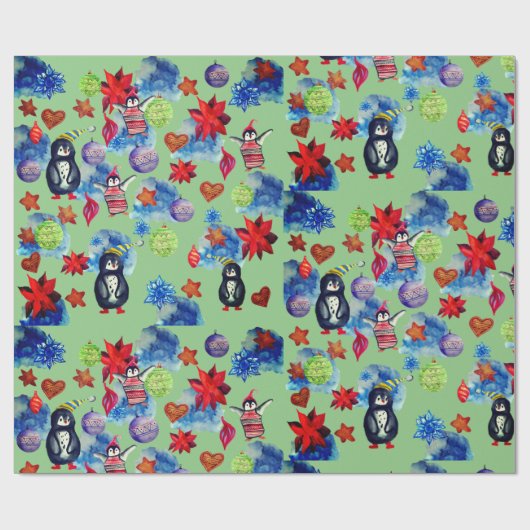 Pinguïns & Sterren Kerstmis Komende Stemming Cadeaupapier (Vlak)