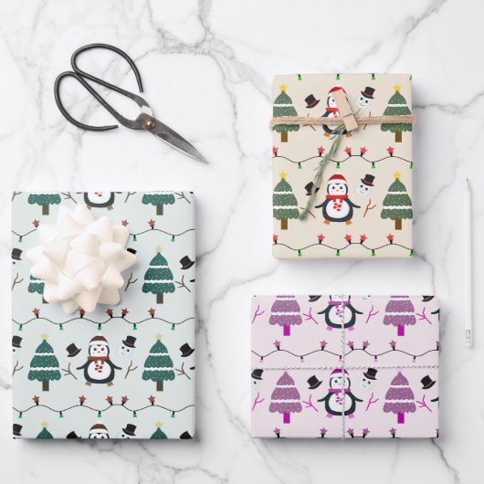 Pinguïns Vakantie Lichten Kerstbomen Kerstmis Inpakpapier Vel (Voorkant)