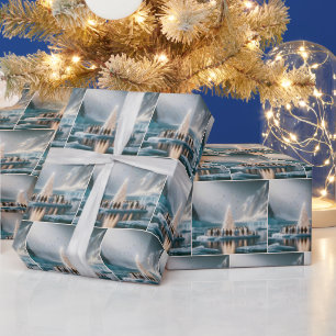 Pinguïns verzamelen rond een witte kerstboom cadeaupapier