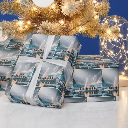 Pinguïns verzamelen zich rond een witte kerstboom cadeaupapier (Feestdagen)