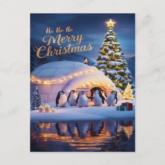 Pinguïns vieren het in Igloo met Kerstboom Briefkaart (Voorkant)