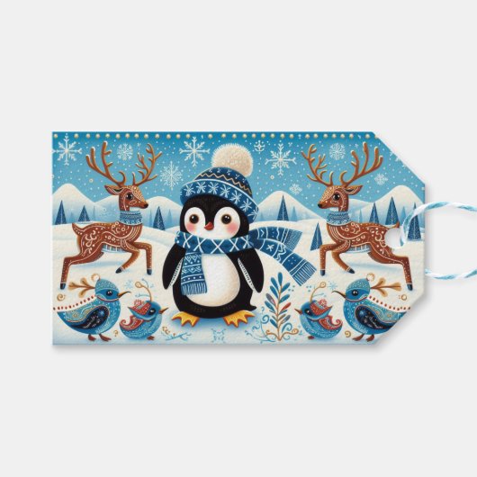 Pinguïns, vogels en rendieren cadeaulabel (Voorkant (Horizontaal))