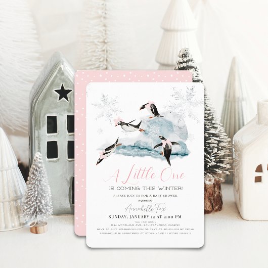 Pinguïns Winter Snowflake Roze Meisje Baby shower Kaart