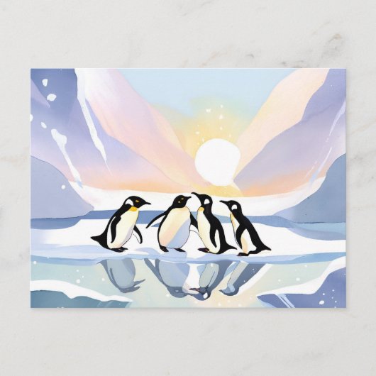 Pinguïns Winter Waterverf | Sneeuw en ijs Schattig Briefkaart (Voorkant)