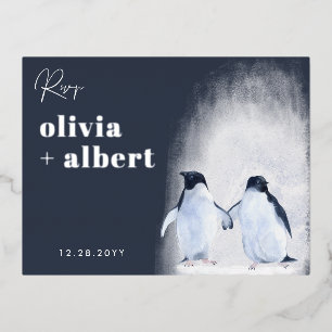 Pinguïns Zilver Winter Elegante Moderne Trouw RSVP Folie Uitnodiging Briefkaart