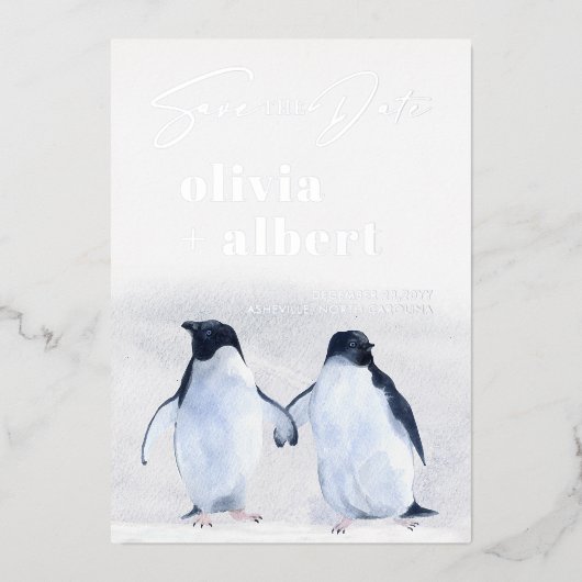 Pinguïns Zilveren Winter Elegant Save The Date Folie Uitnodiging (Voorkant)