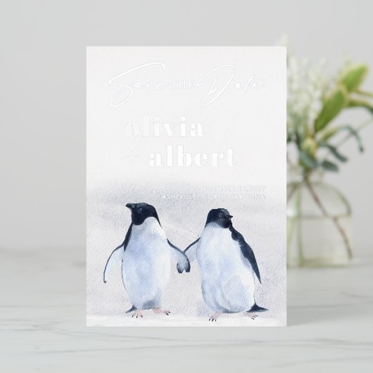 Pinguïns Zilveren Winter Elegant Save The Date Folie Uitnodiging (Staand Voorkant)
