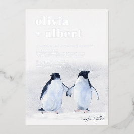 Pinguïns Zilveren Winter Elegante Moderne Bruiloft Folie Uitnodiging