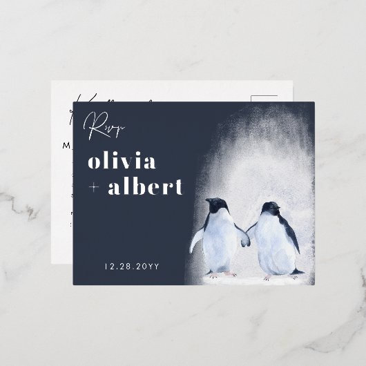 Pinguïns Zilveren Winter Elegante Moderne Bruiloft Folie Uitnodiging Briefkaart (Voorkant / Achterkant)