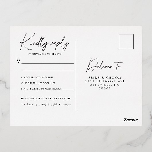 Pinguïns Zilveren Winter Elegante Moderne Bruiloft Folie Uitnodiging Briefkaart (Achterkant)