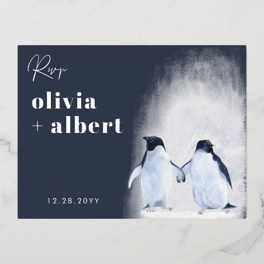 Pinguïns Zilveren Winter Elegante Moderne Bruiloft Folie Uitnodiging Briefkaart (Voorkant)