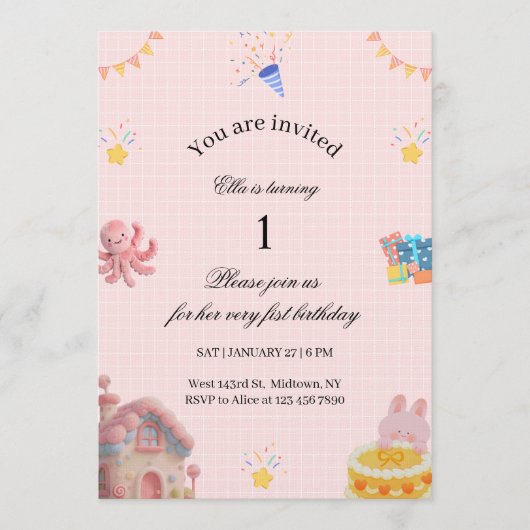 Pink 1st Birthday Invitation  Kaart (Voorkant)