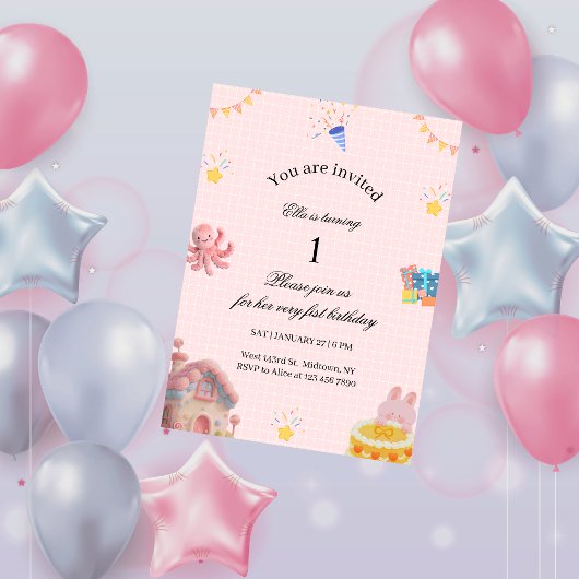 Pink 1st Birthday Invitation  Kaart