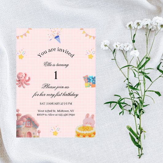 Pink 1st Birthday Invitation  Kaart