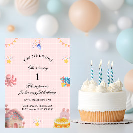 Pink 1st Birthday Invitation Kaart