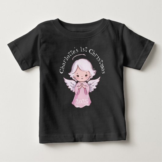 Pink 1st Christmas Girls Angel Cute 2025 Black (Voorkant)