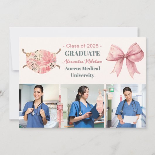 Pink 3 Foto Waterverf Nursing School Afstuderen Aankondiging (Voorkant)