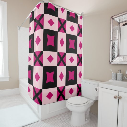 Pink 3 tone checkered shower curtain douchegordijn (In situ)