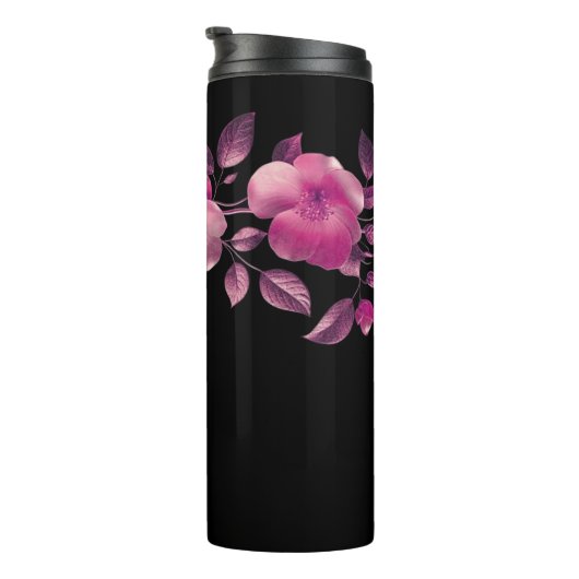 Pink 3D Cherry Blossoms Black Name Monogram Thermosbeker (Geroteerd rechts)