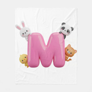 Pink 3D Letter M Fleece Baby Blanket with Animals Deken