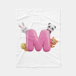 Pink 3D Letter M Fleece Baby Blanket with Animals Deken