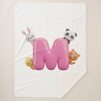 Pink 3D Letter M Sherpa Throw Blanket with Animals