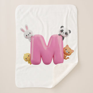 Pink 3D Letter M Small Sherpa Blanket with Animals Deken