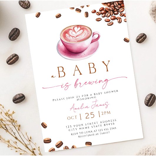Pink A Baby is Brewing Coffee Bean Baby Shower Kaart