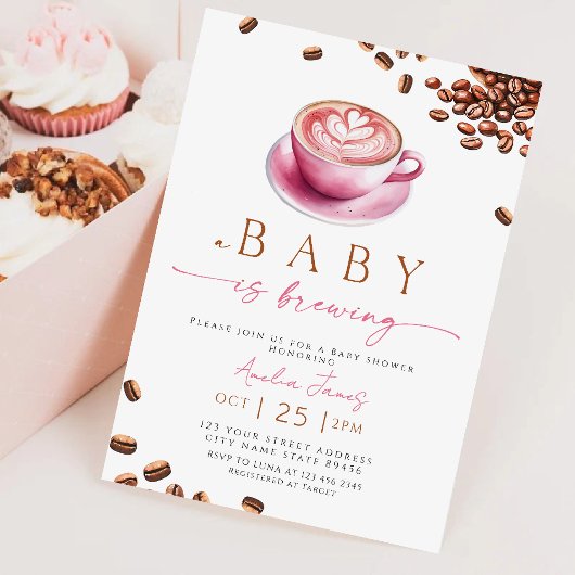 Pink A Baby is Brewing Coffee Bean Baby Shower Kaart