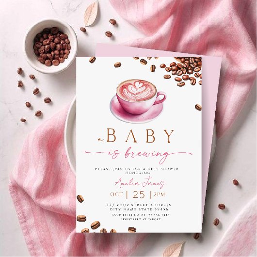 Pink A Baby is Brewing Coffee Bean Baby Shower Kaart