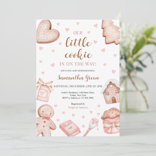 Pink A Little Cookie Baby Shower Kaart (Staand voorkant)