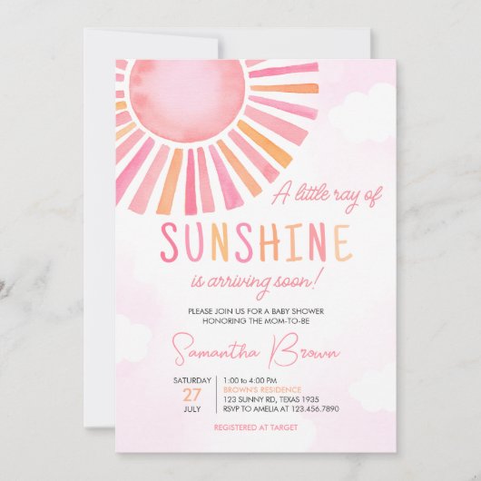 Pink A Little Ray of Sunshine Baby shower Kaart (Voorkant)