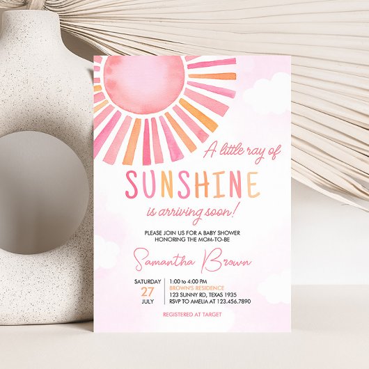 Pink A Little Ray of Sunshine Baby shower Kaart
