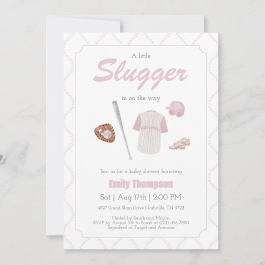Pink A Little Slugger Baby shower uitnodiging (Voorkant)