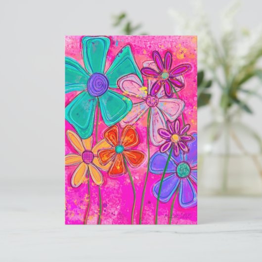 Pink Abstract Flowers Bedankkaart (Staand voorkant)