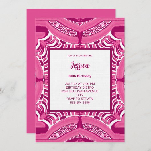 Pink Abstract Pattern Birthday Invitation Kaart (Voorkant / Achterkant)
