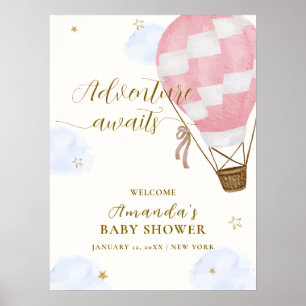 Pink Adventure Hot Air Balloon Baby shower Welkom Poster