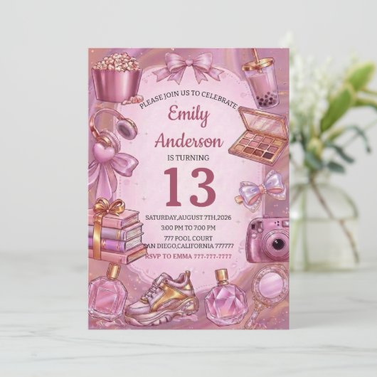 Pink Aesthetic Girl Birthday Party Kaart (Staand voorkant)