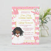 Pink African American Girl First Heilige Communie Kaart (Staand voorkant)