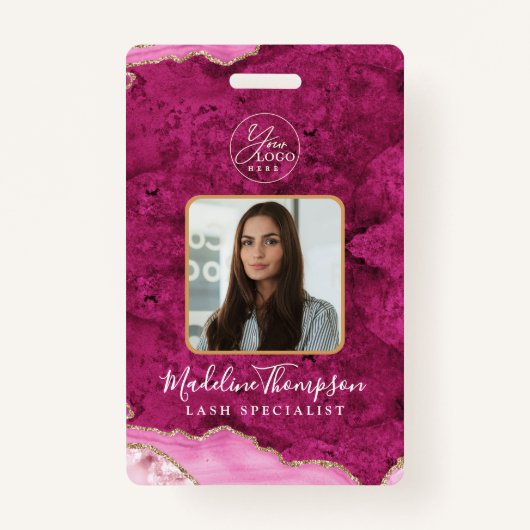 Pink Agate Marble Business Logo Company ID Badge (Voorkant)