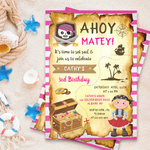 Pink Ahoy Treasure Map Girls Pirate Birthday Kaart