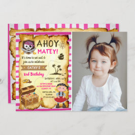 Pink Ahoy Treasure Map Girls Pirate Photo Birthday Kaart
