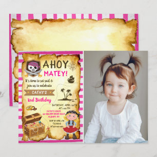 Pink Ahoy Treasure Map Girls Pirate Photo Birthday Kaart