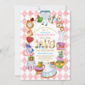 Pink Alice in Wonderland 2nd birthday Invitation Kaart (Voorkant)