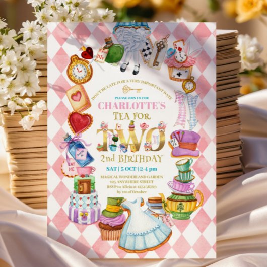 Pink Alice in Wonderland 2nd birthday Invitation Kaart