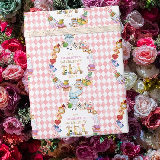 Pink Alice in Wonderland 3rd Birthday Cadeaupapier