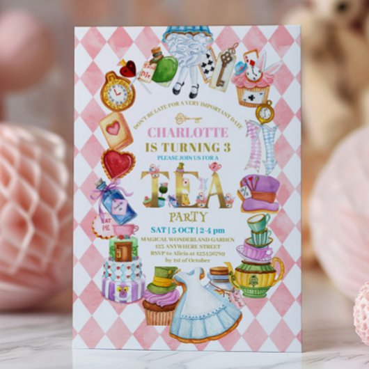 Pink Alice in Wonderland 3rd birthday Invitation Kaart